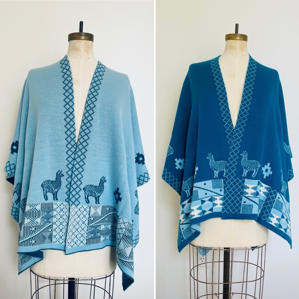 Poncho Wrap REVERSIBLE Women's O/S Teal Baby Blue Alpaca Llama Peru Machu Picchu